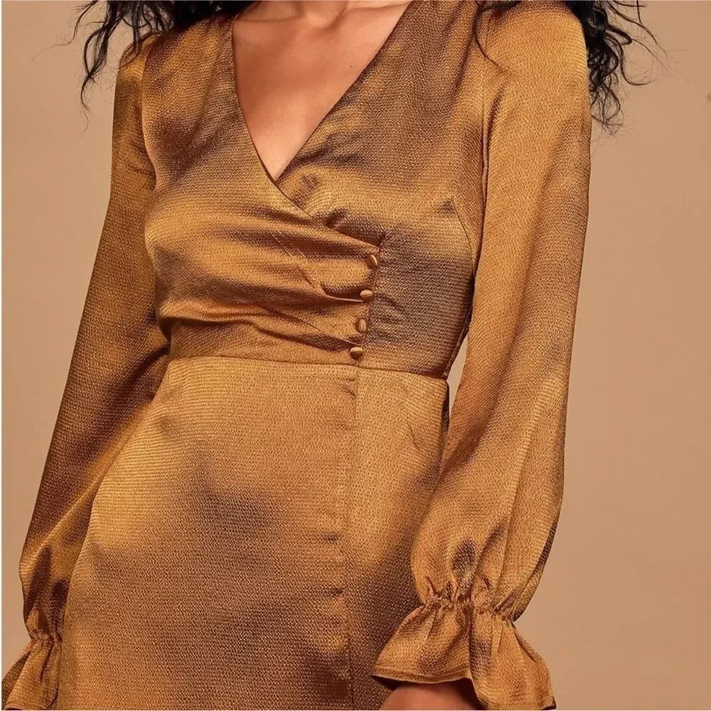 Lulu’s 4SI3NNA Brielle Bronze Satin Long Sleeve Midi Dress in Bronze Copper